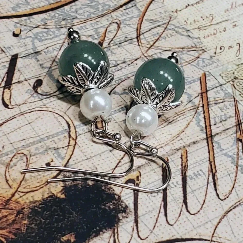 Handcrafted Malaysia Jade Gemstone White Faux Pearl Silver Dangle Earrings - Picture 5 of 9